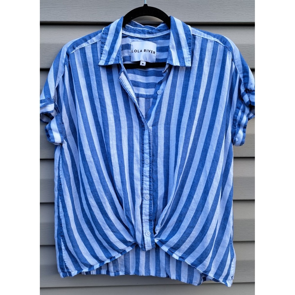 Lola River Women's White Blue Striped Lyocell Linen Button-Up Shirt Top Blouse M
